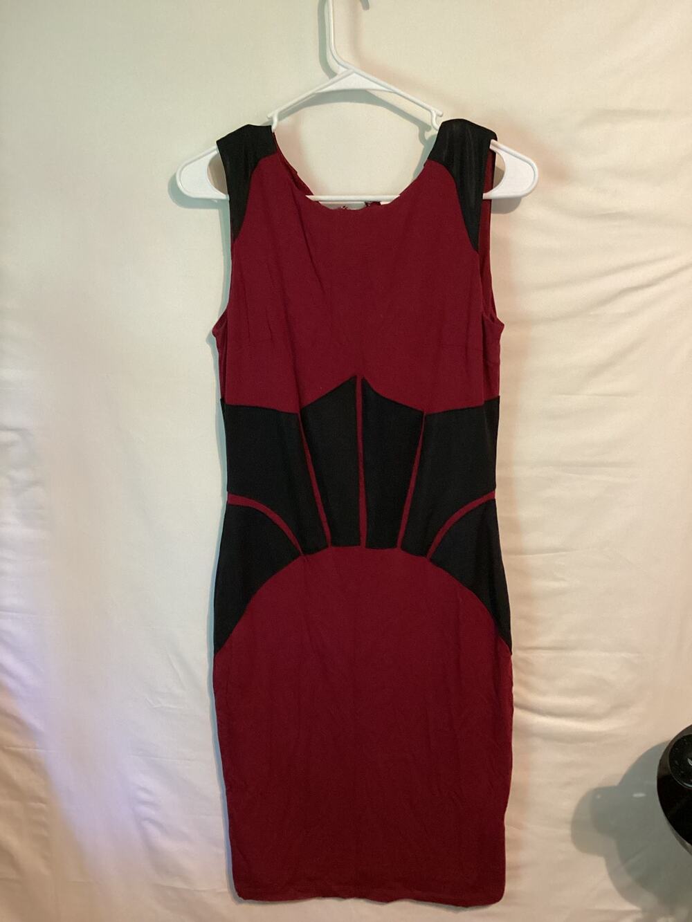 1172 Venus Women's Body Con with Faux Leather Burgundy and Black Dress Small